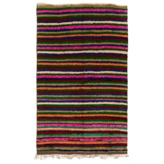 Colorful Vintage Tulu Rug with Striped Design, Soft Wool Pile Colorful Vintage Tulu Rug with Striped Design, Soft Wool Pile