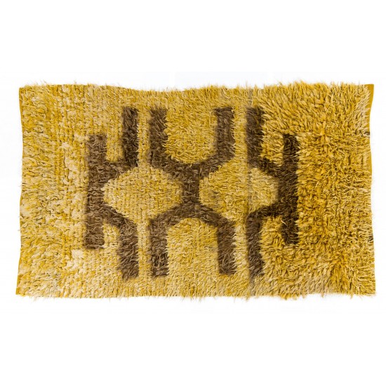 Vintage Shag Pile Mohair Wool Tulu Anatolian Rug in Saffron Yellow