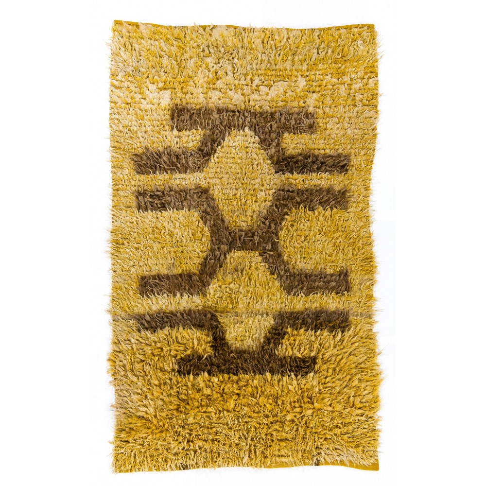 Vintage Shag Pile Mohair Wool Tulu Anatolian Rug in Saffron Yellow
