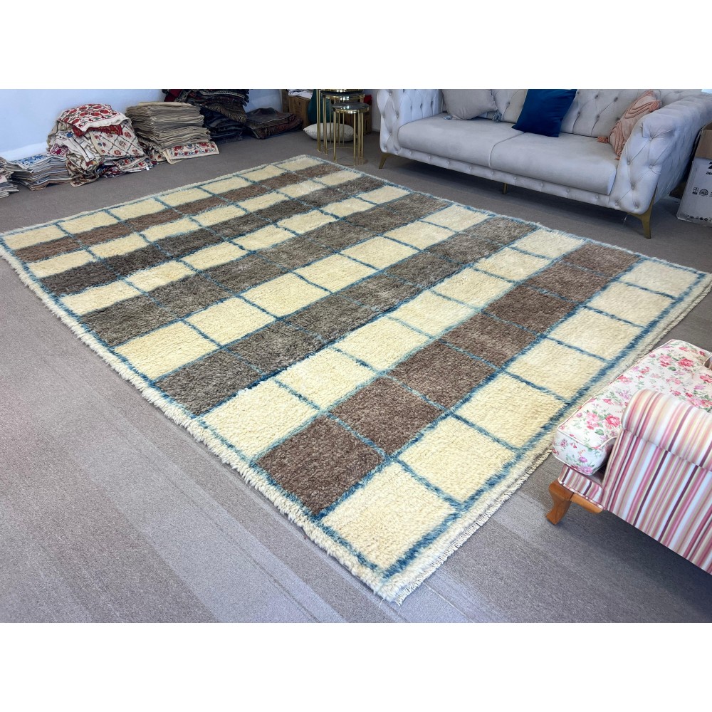 Contemporary Handmade Checkerboard Design Tulu Rug. 100% Wool. Beige, Brown and Blue Colors. Custom Options Available