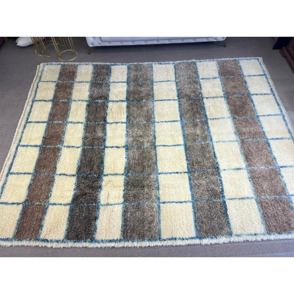 Contemporary Handmade Checkerboard Design Tulu Rug. 100% Wool. Beige, Brown and Blue Colors. Custom Options Available