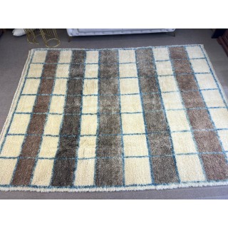 Contemporary Handmade Checkerboard Design Tulu Rug. 100% Wool. Beige, Brown and Blue Colors. Custom Options Available