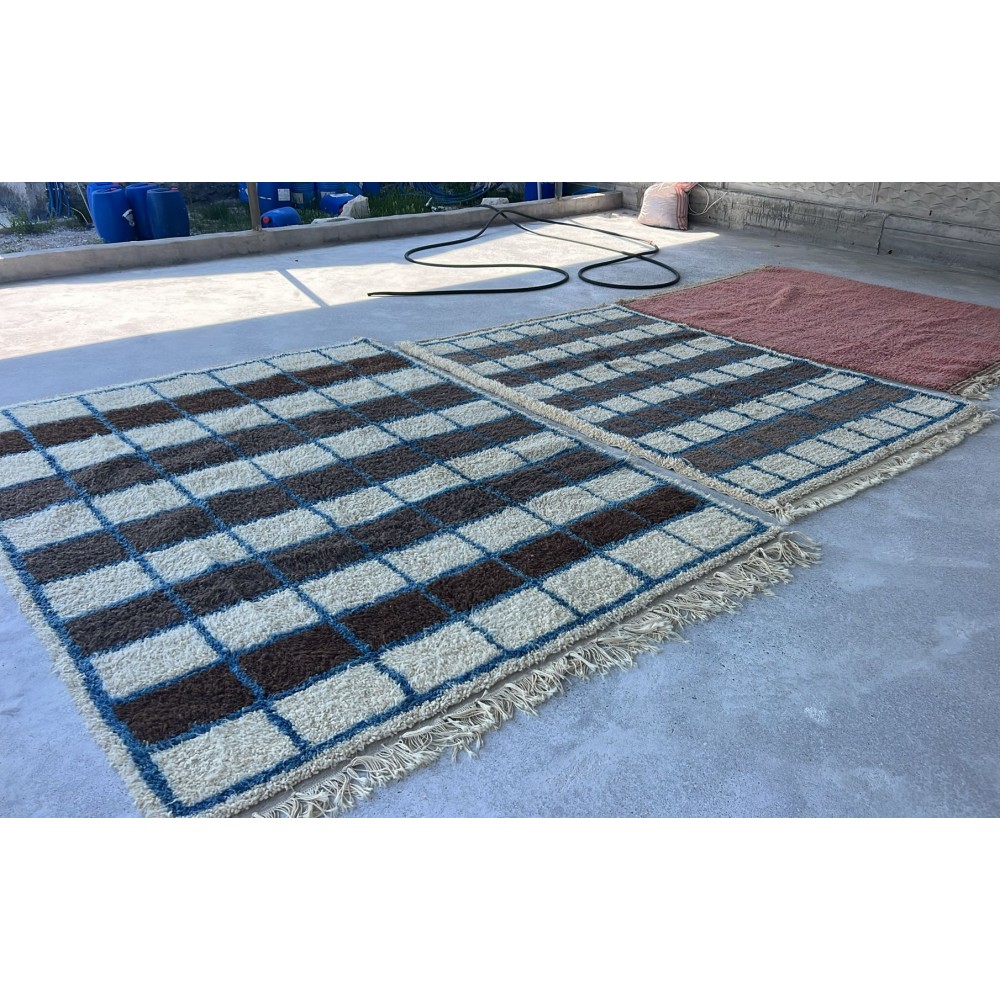 Contemporary Handmade Checkerboard Design Tulu Rug. 100% Wool. Beige, Brown and Blue Colors. Custom Options Available