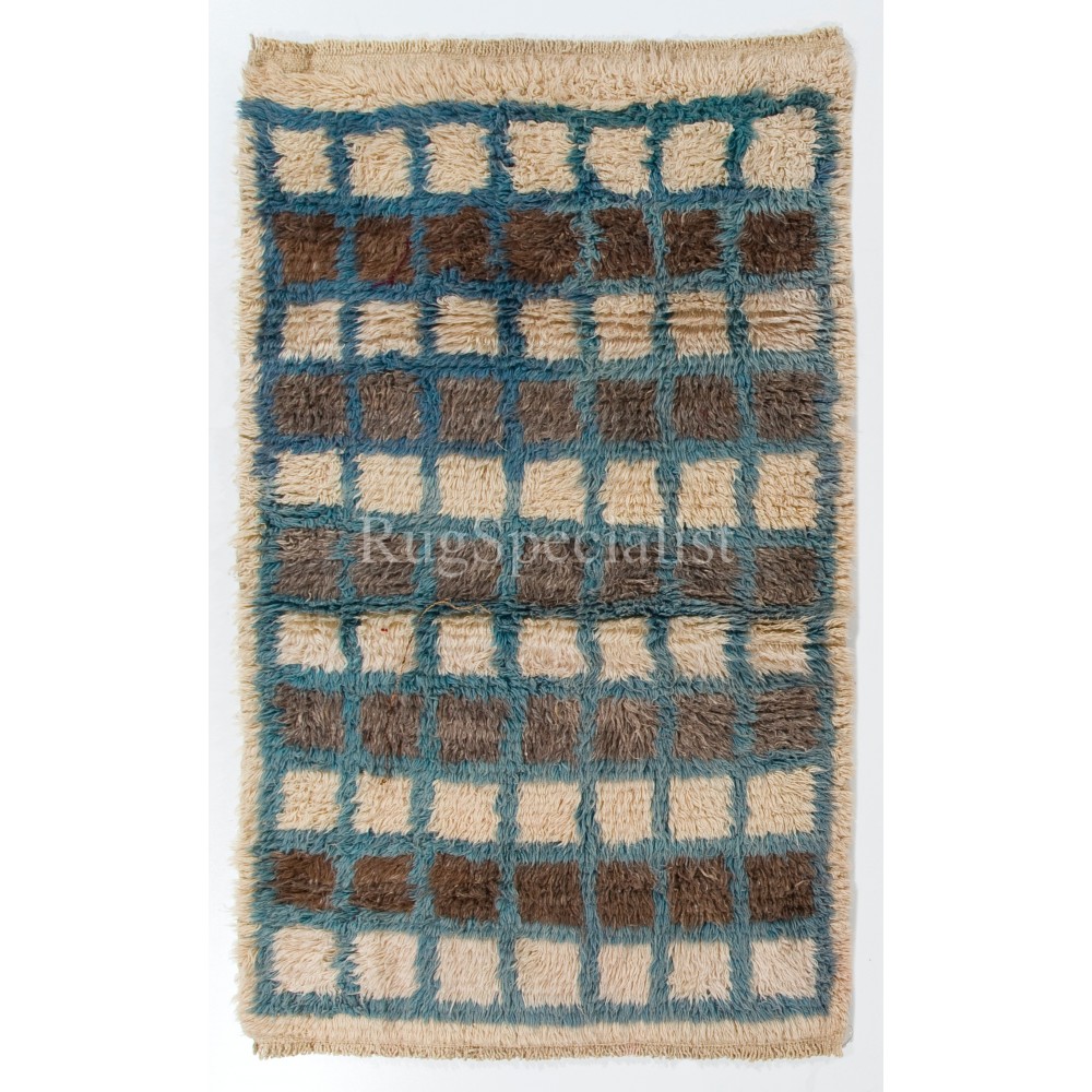 Contemporary Handmade Checkerboard Design Tulu Rug. 100% Wool. Beige, Brown and Blue Colors. Custom Options Available