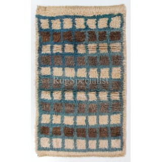 Contemporary Handmade Checkerboard Design Tulu Rug. 100% Wool. Beige, Brown and Blue Colors. Custom Options Available