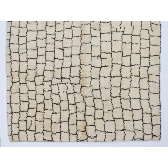 Custom Modern Moroccan Berber Rug Made of Natural Ivory & Brown Wool, Contemporary Beni Ourain Hand-Knotted Shaggy Carpet