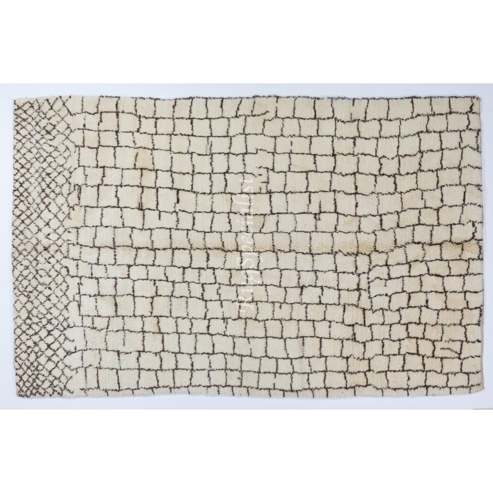 Custom Modern Moroccan Berber Rug Made of Natural Ivory & Brown Wool, Contemporary Beni Ourain Hand-Knotted Shaggy Carpet