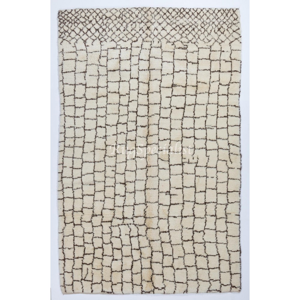 Custom Modern Moroccan Berber Rug Made of Natural Ivory & Brown Wool, Contemporary Beni Ourain Hand-Knotted Shaggy Carpet