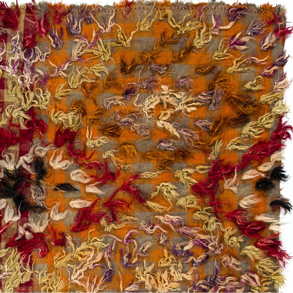 Colorful Vintage Hand-Knotted Turkish Tulu Rug with Checkered Design in Red, Orange and Beige Colorful Vintage Hand-Knotted Turkish Tulu Rug with Checkered Design in Red, Orange and Beige