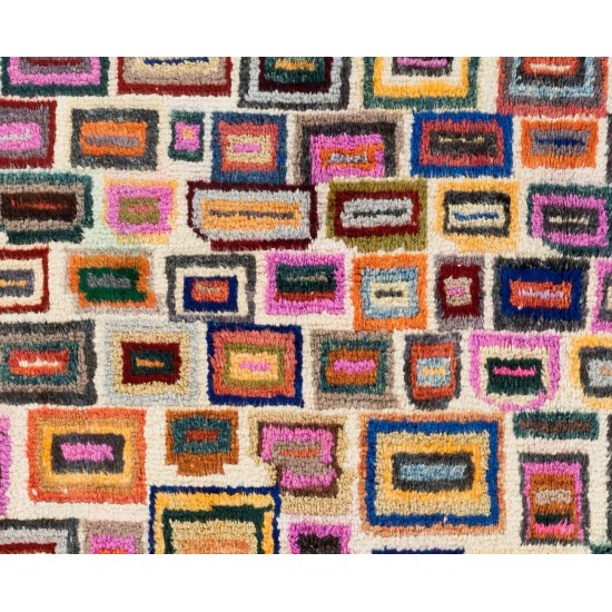 Vibrant Modern Hand-knotted Tulu Rug with with colorful geometric boxes on an ivory background. 100% Wool. Custom Options Available