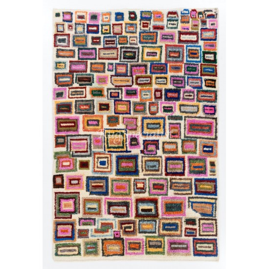 Vibrant Modern Hand-knotted Tulu Rug with with colorful geometric boxes on an ivory background. 100% Wool. Custom Options Available Vibrant Modern Hand-knotted Tulu Rug with with colorful geometric boxes on an ivory background. 100% Wool. Custom Options Available