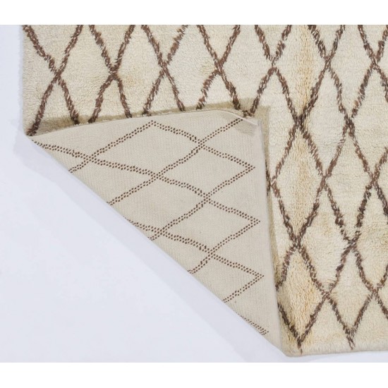 Hand-Knotted Moroccan Berber Rug, 100% Soft Natural Wool. Cream and Brown Shaggy Carpet with Atlas Design, Custom Options Available