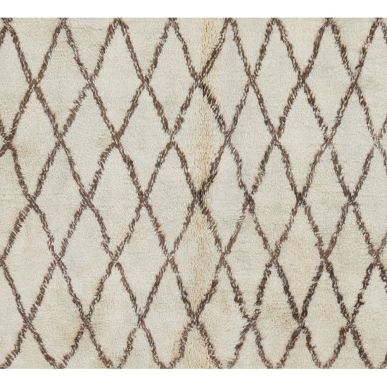 Hand-Knotted Moroccan Berber Rug, 100% Soft Natural Wool. Cream and Brown Shaggy Carpet with Atlas Design, Custom Options Available