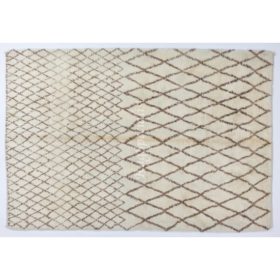 Hand-Knotted Moroccan Berber Rug, 100% Soft Natural Wool. Cream and Brown Shaggy Carpet with Atlas Design, Custom Options Available