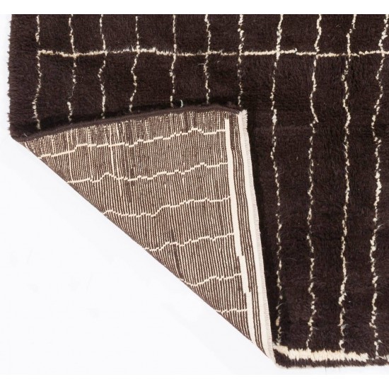 Modern Moroccan Berber Hand-knotted Wool Rug in Dark Brown, Cream. Custom Ops.