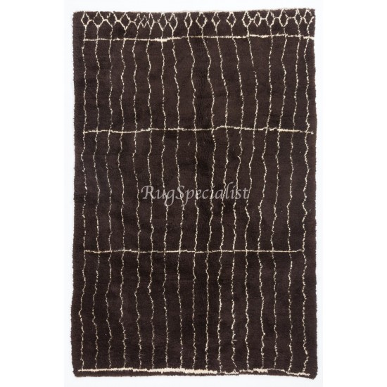 Modern Moroccan Berber Hand-knotted Wool Rug in Dark Brown, Cream. Custom Ops.