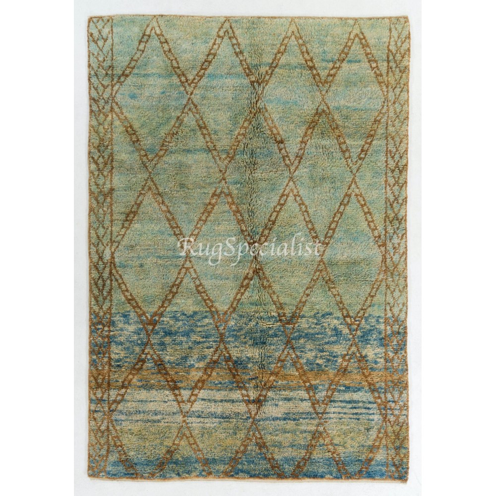 Modern Moroccan Berber Wool Rug, Handmade in Green, Blue, Brown