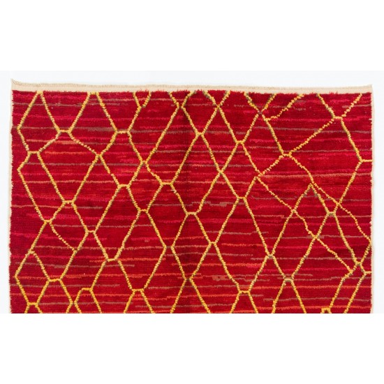 Contemporary Hand-Knotted Moroccan Berber Rug in Red and Yellow Colors, 100% Wool. Custom Options Available