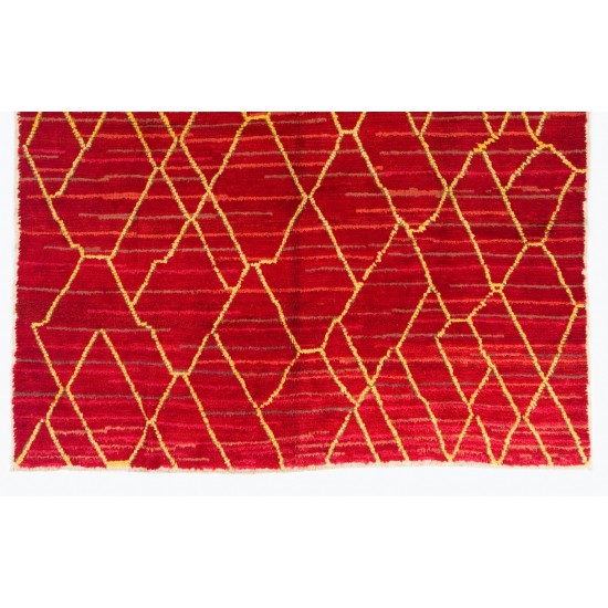 Contemporary Hand-Knotted Moroccan Berber Rug in Red and Yellow Colors, 100% Wool. Custom Options Available