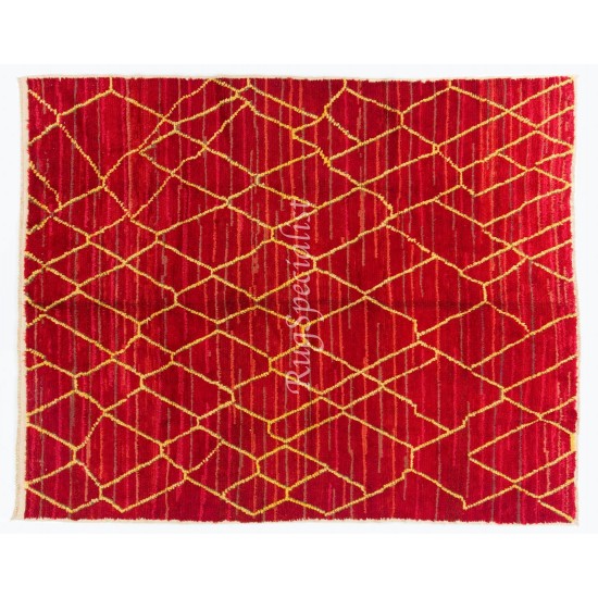 Contemporary Hand-Knotted Moroccan Berber Rug in Red and Yellow Colors, 100% Wool. Custom Options Available