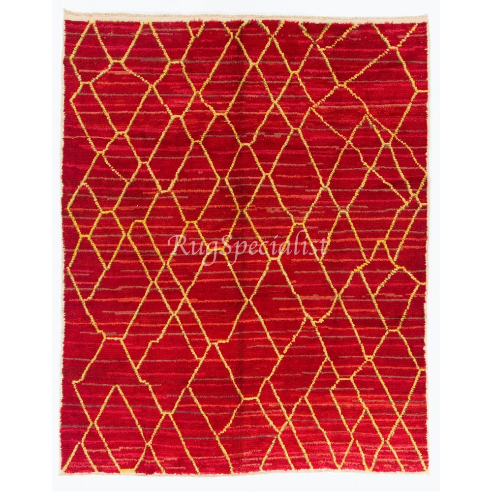 Contemporary Hand-Knotted Moroccan Berber Rug in Red and Yellow Colors, 100% Wool. Custom Options Available