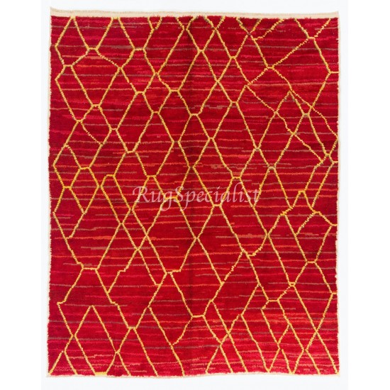 Contemporary Hand-Knotted Moroccan Berber Rug in Red and Yellow Colors, 100% Wool. Custom Options Available