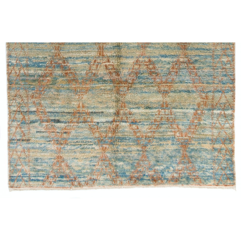 Handmade Moroccan Rug in Soft Blue Green, Rust Colors. Custom Options Available