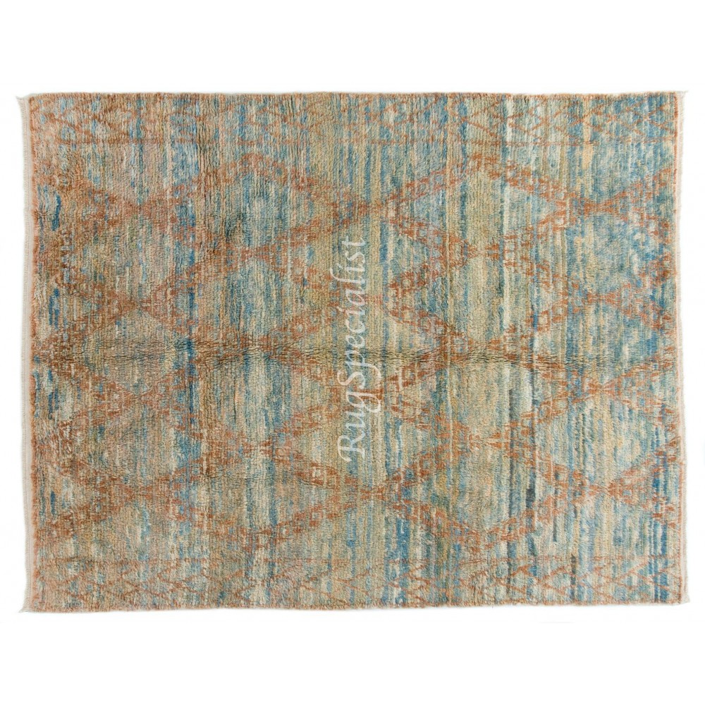 Handmade Moroccan Rug in Soft Blue Green, Rust Colors. Custom Options Available