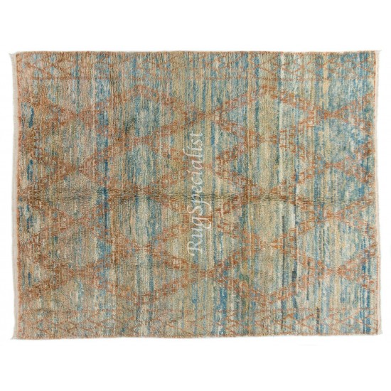 Handmade Moroccan Rug in Soft Blue Green, Rust Colors. Custom Options Available 
