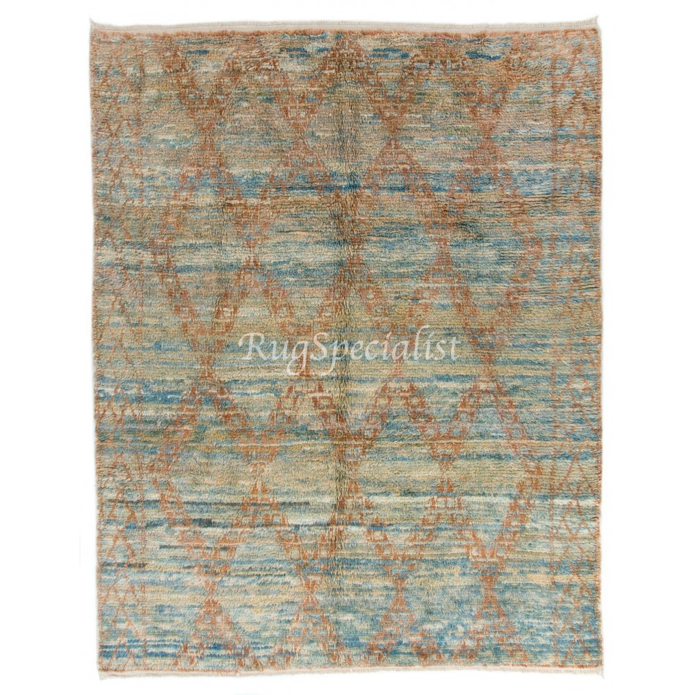 Handmade Moroccan Rug in Soft Blue Green, Rust Colors. Custom Options Available