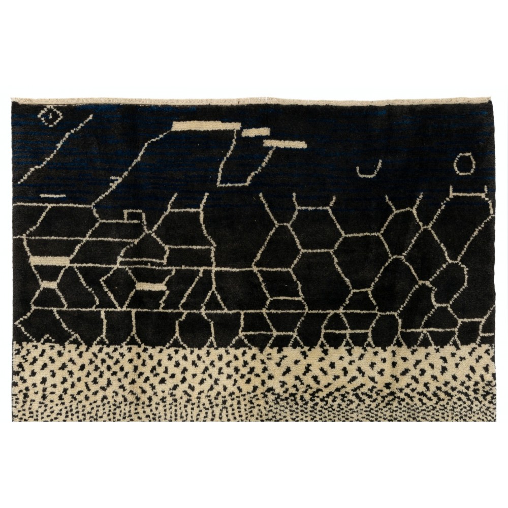 Contemporary Hand Knotted Moroccan %100 Wool Rug in Black and Cream Colors. Custom Options Available