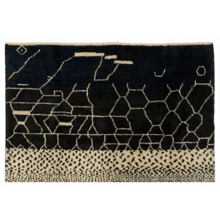 Contemporary Hand Knotted Moroccan %100 Wool Rug in Black and Cream Colors. Custom Options Available