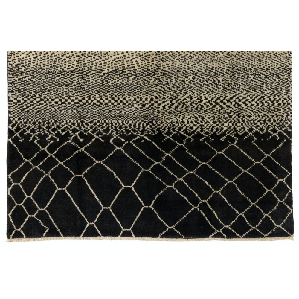 Contemporary Hand Knotted Moroccan %100 Wool Rug in Black and Cream Colors. Custom Options Available