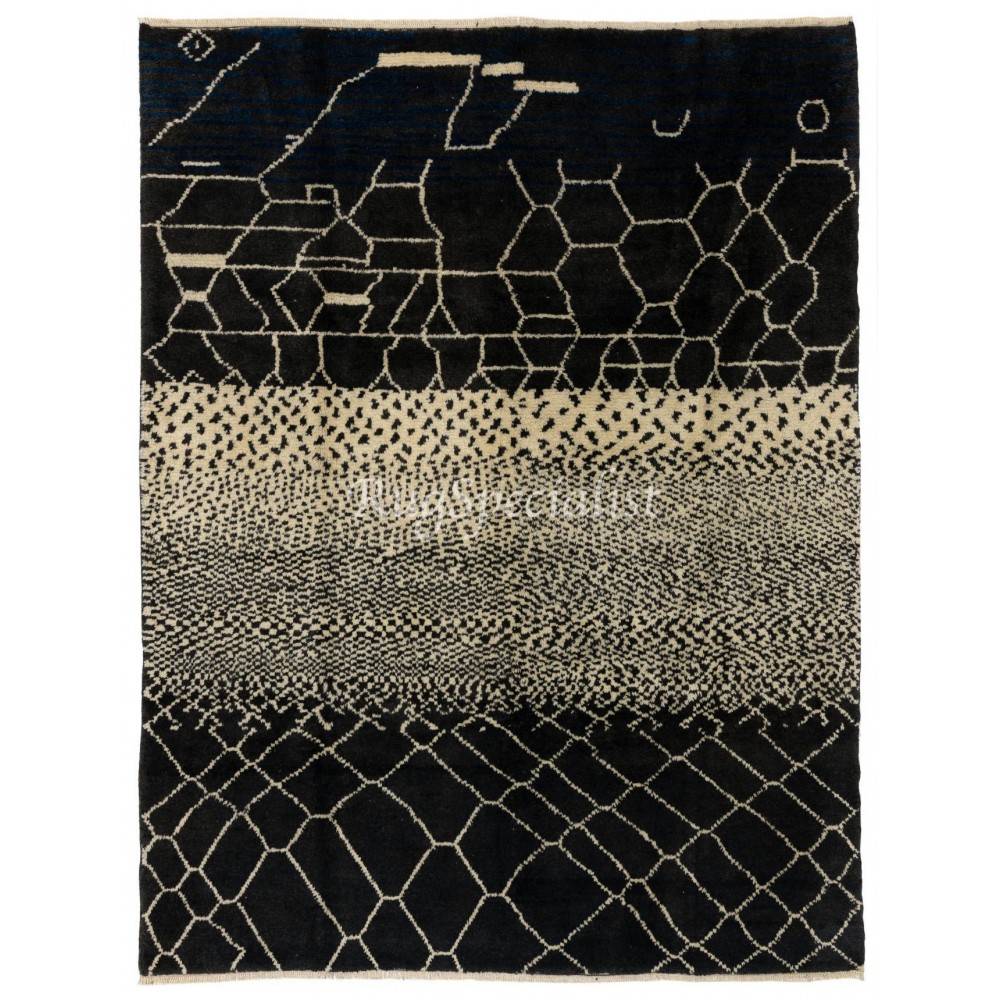 Contemporary Hand Knotted Moroccan %100 Wool Rug in Black and Cream Colors. Custom Options Available