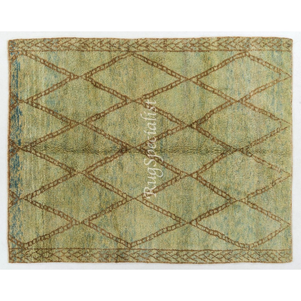 Modern Moroccan Berber Wool Rug, Handmade in Green, Blue, Brown