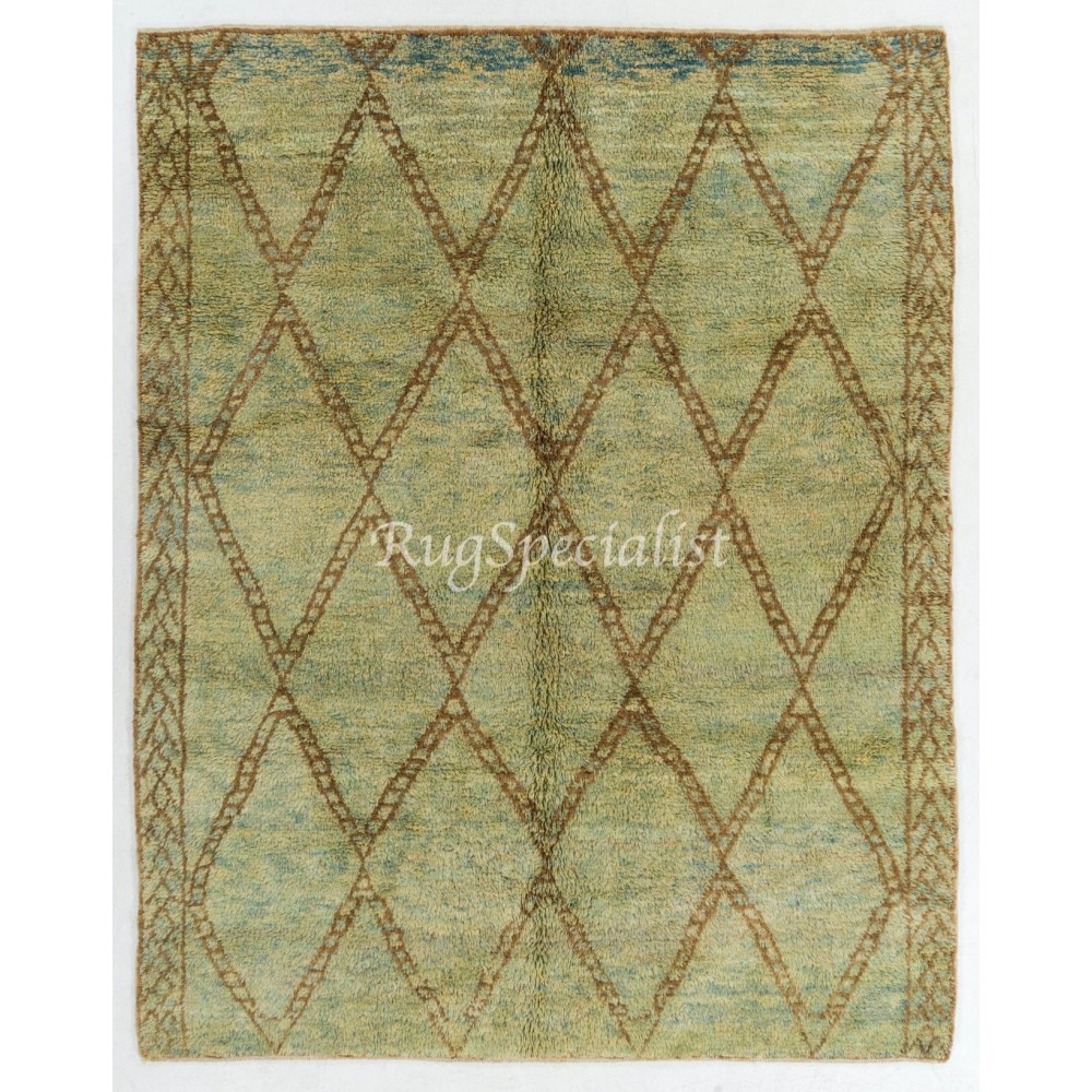 Modern Moroccan Berber Wool Rug, Handmade in Green, Blue, Brown