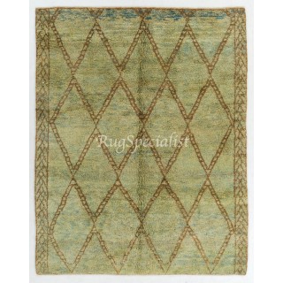 Modern Moroccan Berber Wool Rug, Handmade in Green, Blue, Brown