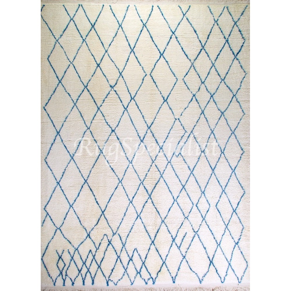 Moroccan Rug. 100% Wool. Ivory & Blue Colors. Custom Options Available