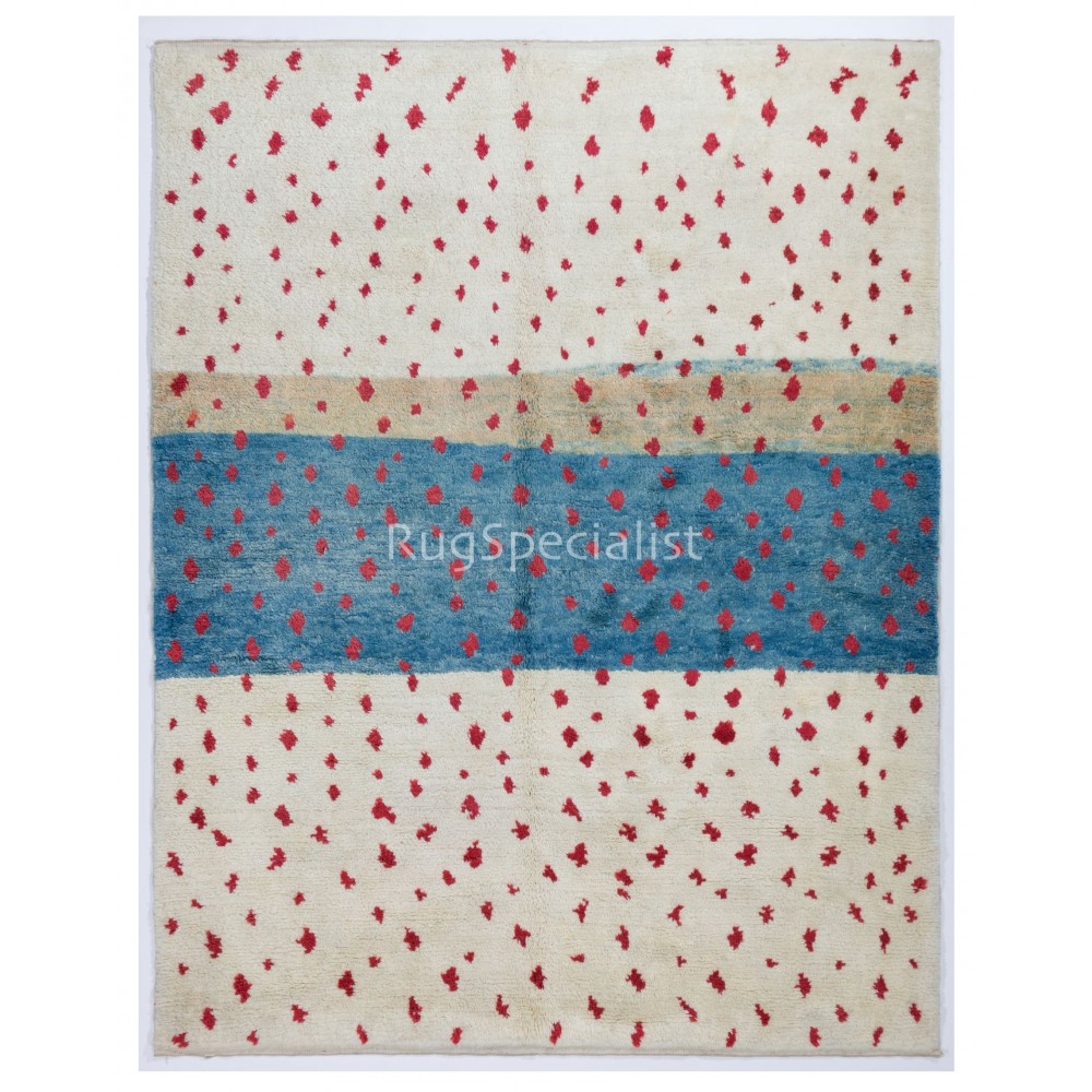 Handmade Blue, Red & Beige Tulu Rug. Premium Quality Moroccan Shaggy Carpet. All Wool