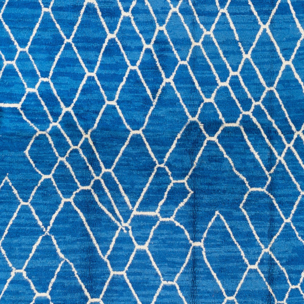 Modern Moroccan Berber Tulu Rug in Blue & Cream Colors. 100% Wool. Custom Options Available
