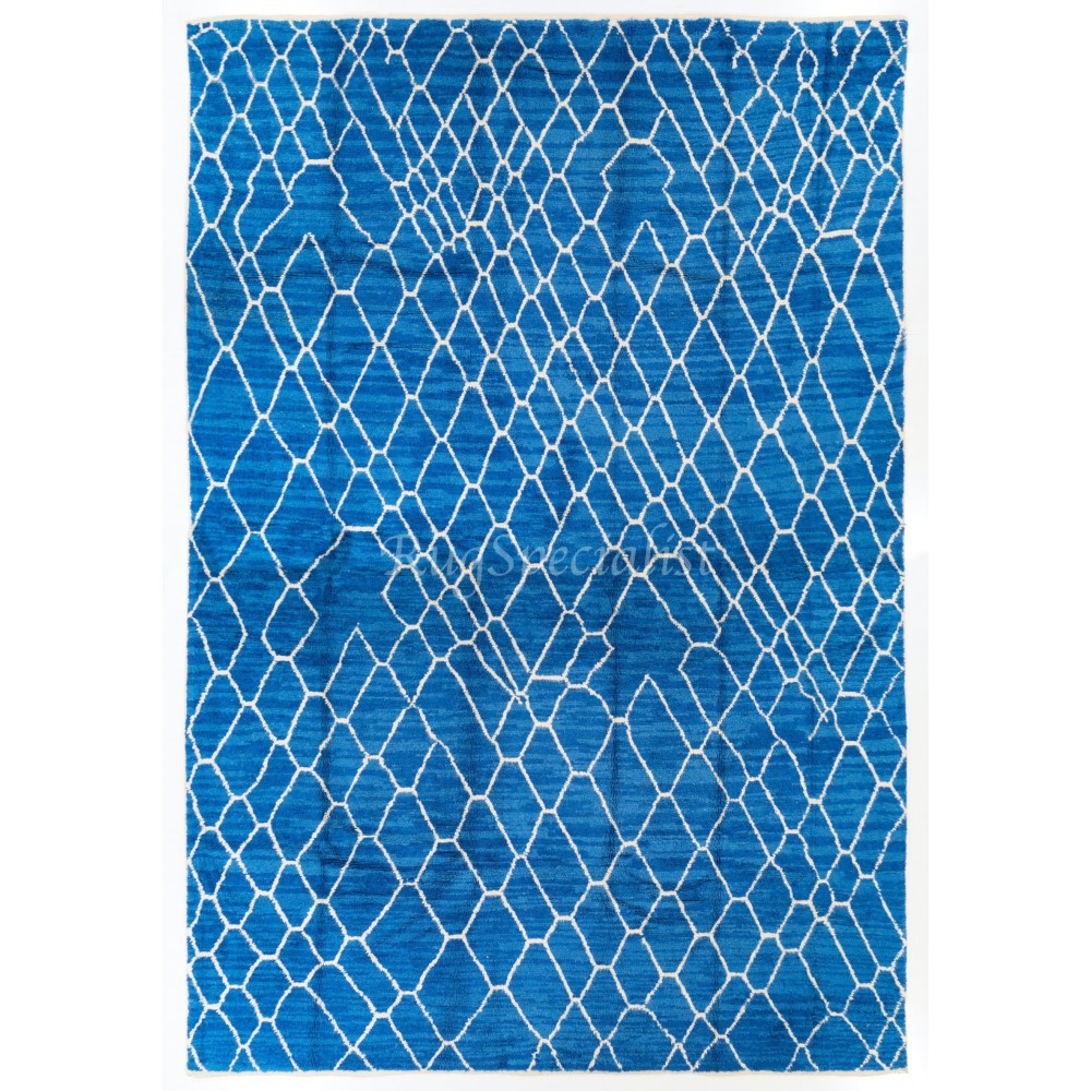Modern Moroccan Berber Tulu Rug in Blue & Cream Colors. 100% Wool. Custom Options Available
