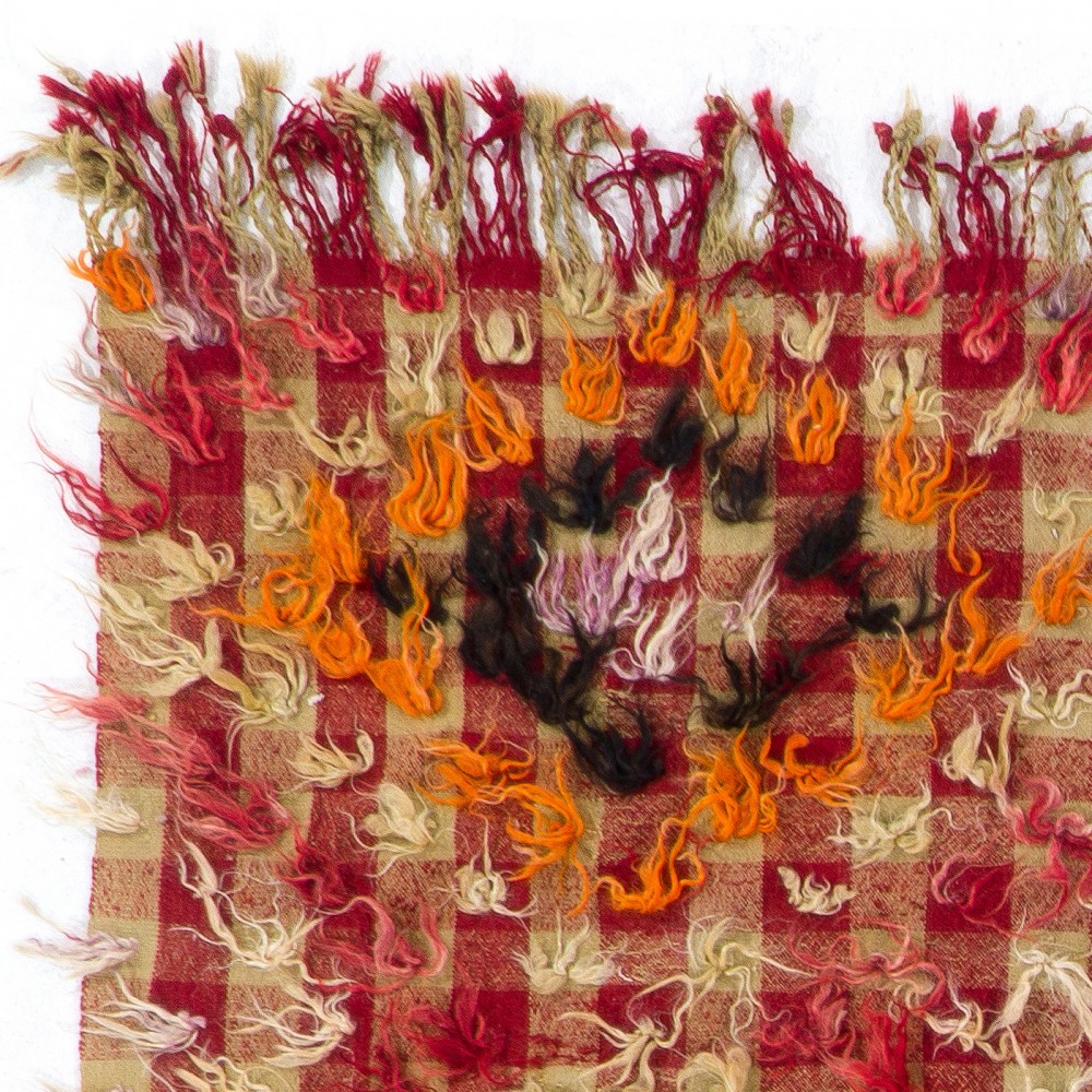 Vintage Handwoven Checkered Kilim Rug with Red and Beige Checkered Design and Colorful Wool Pom Pom Vintage Handwoven Checkered Kilim Rug with Red and Beige Checkered Design and Colorful Wool Pom Pom
