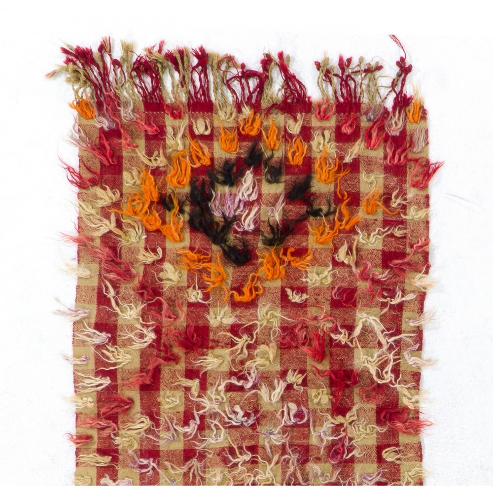 Checkered Vintage Kilim Rug with Red and Mint Green Colors and Wool Pom Poms