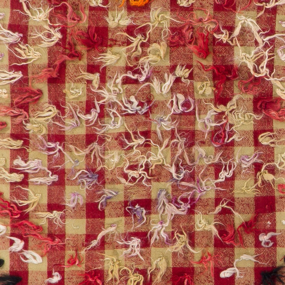 Vintage Handwoven Checkered Kilim Rug with Red and Beige Checkered Design and Colorful Wool Pom Pom Vintage Handwoven Checkered Kilim Rug with Red and Beige Checkered Design and Colorful Wool Pom Pom