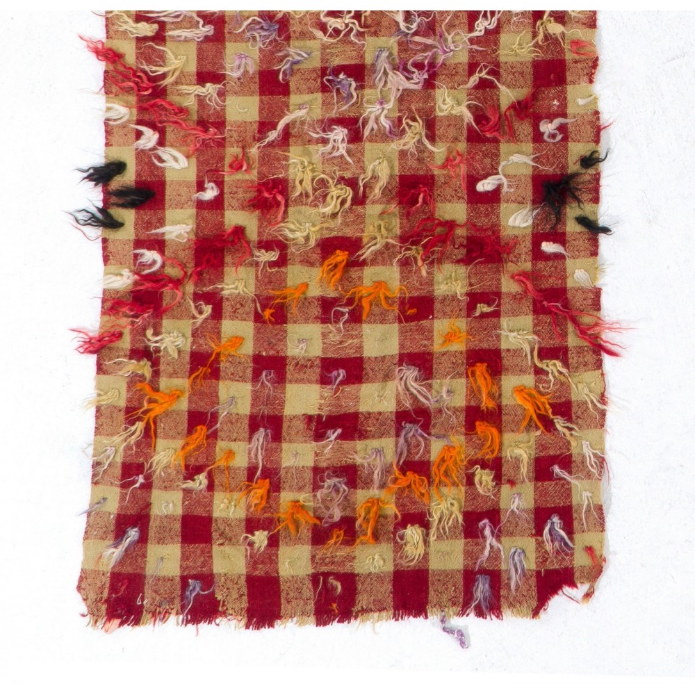 Checkered Vintage Kilim Rug with Red and Mint Green Colors and Wool Pom Poms
