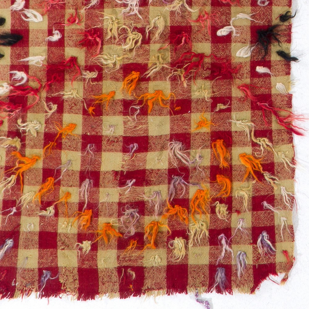 Vintage Handwoven Checkered Kilim Rug with Red and Beige Checkered Design and Colorful Wool Pom Pom Vintage Handwoven Checkered Kilim Rug with Red and Beige Checkered Design and Colorful Wool Pom Pom