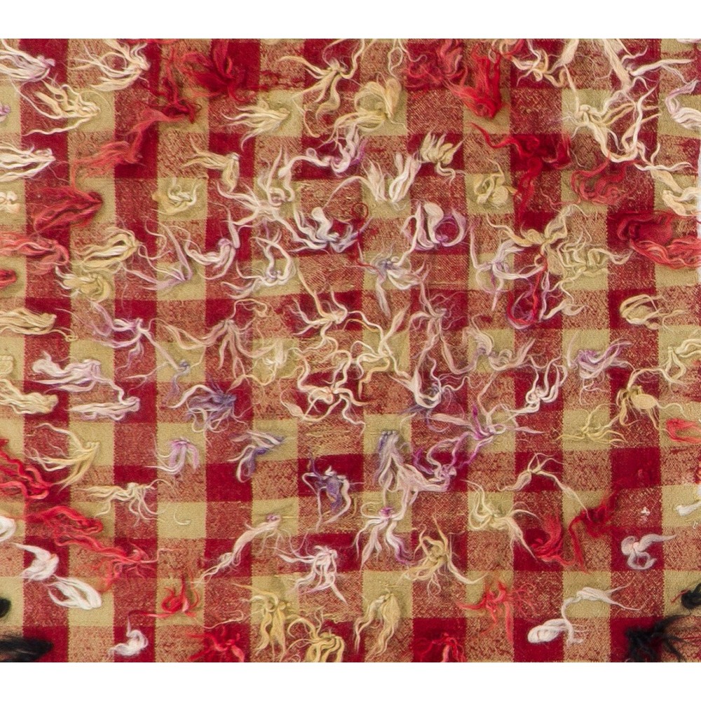 Checkered Vintage Kilim Rug with Red and Mint Green Colors and Wool Pom Poms