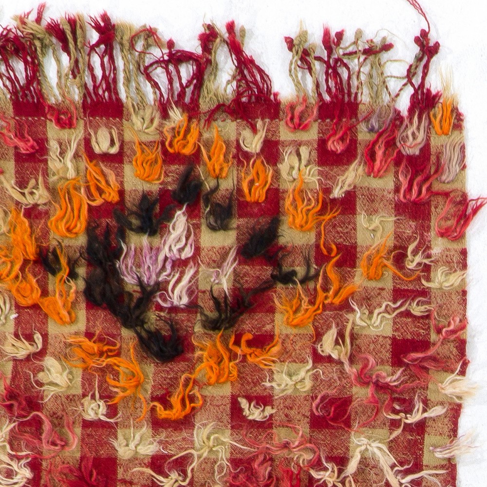 Vintage Handwoven Checkered Kilim Rug with Red and Beige Checkered Design and Colorful Wool Pom Pom Vintage Handwoven Checkered Kilim Rug with Red and Beige Checkered Design and Colorful Wool Pom Pom