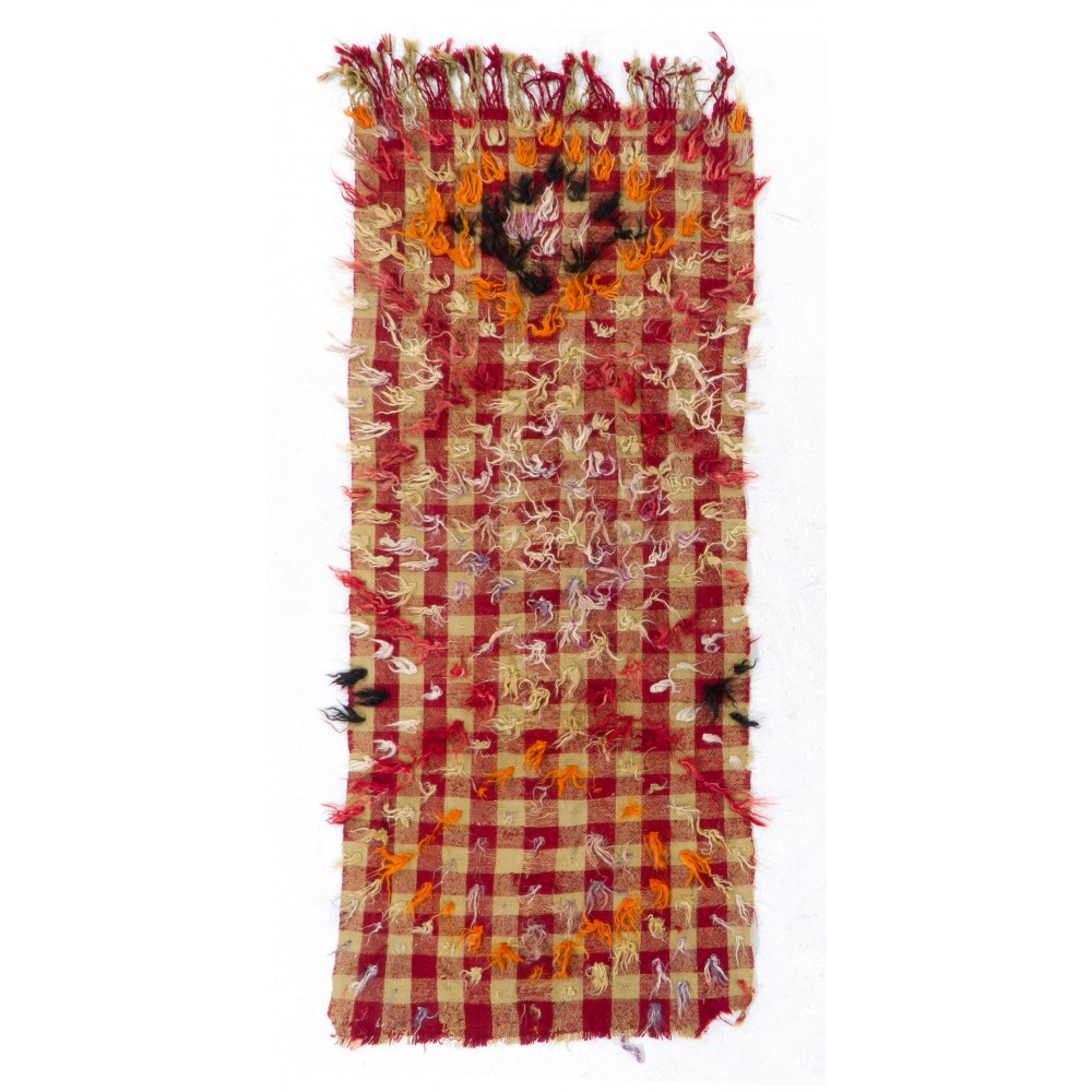 Checkered Vintage Kilim Rug with Red and Mint Green Colors and Wool Pom Poms