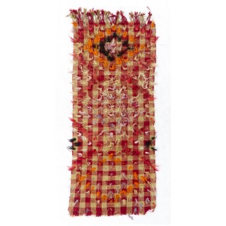 Checkered Vintage Kilim Rug with Red and Mint Green Colors and Wool Pom Poms